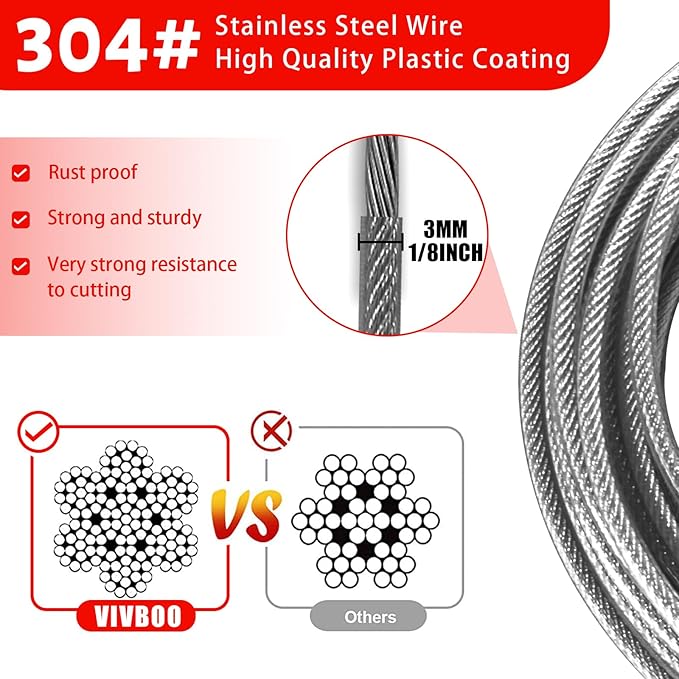 1/8inch Stainless Steel Security Cable 4/6/10/15FT Luggage Lock Safety Cable Wire Flexible Steel Cable Security Wire Rope with Double Loop (2 Pack)