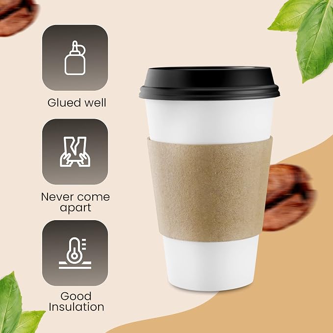 Sleeves Coffee 200 Pcs Corrugated Brown Kraft Paper Cups Sleeves Fit 12oz, 16oz, 20oz, 22oz & 24oz Cups Recyclable & Disposable Perfect for Hot Drinks in Cafes & Offices (PACK OF 200)