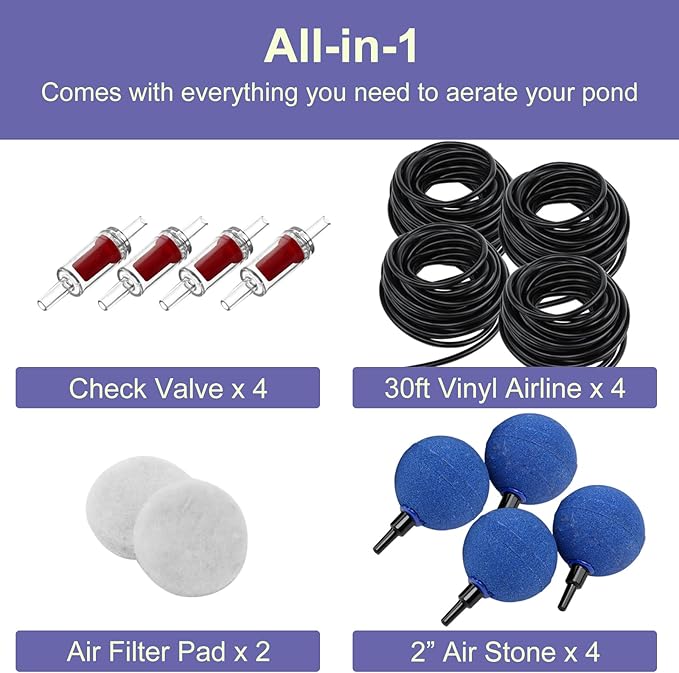 AquaMiracle Koi Pond Aerator for Pond up to 1000  2000 Gallons, All-in-One Pond Air Pump Aeration Kit with Air Stones Airline Tubing Check Valves