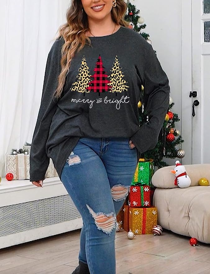 Plus Size Christmas Shirt Women Merry and Bright Long Sleeve Merry Christmas Long Sleeve Xmas T Shirts Tops
