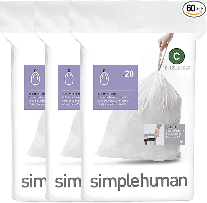 simplehuman Code C 60 Count, Dispenser Pack Custom Fit Liners, Drawstring Trash Bags, 10-12 Liter / 2.6-3.2 Gallon, White