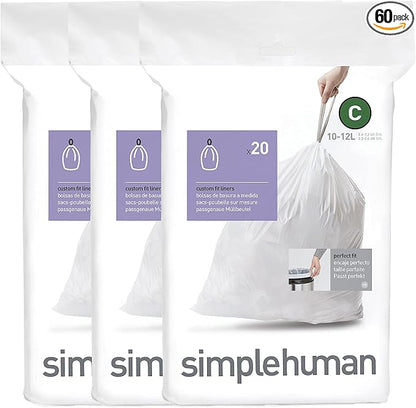 simplehuman Code C 60 Count, Dispenser Pack Custom Fit Liners, Drawstring Trash Bags, 10-12 Liter / 2.6-3.2 Gallon, White