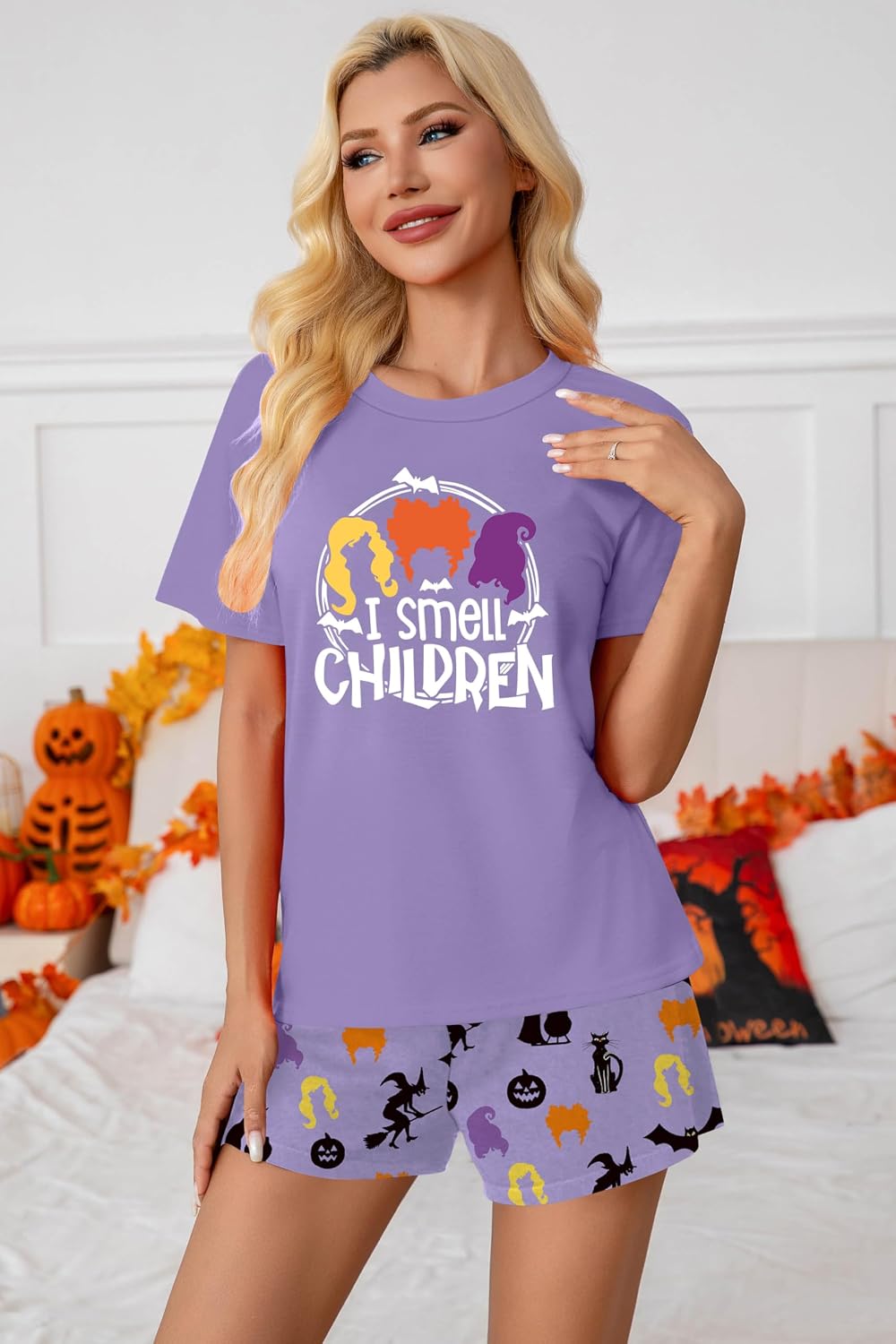 Ithalt Halloween Pajamas Women Pumpkin Short Sleeve Tops and Shorts Pjs Set Fall Sleepwear Spooky Pajamas