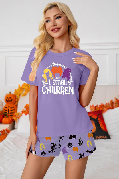 Ithalt Halloween Pajamas Women Pumpkin Short Sleeve Tops and Shorts Pjs Set Fall Sleepwear Spooky Pajamas