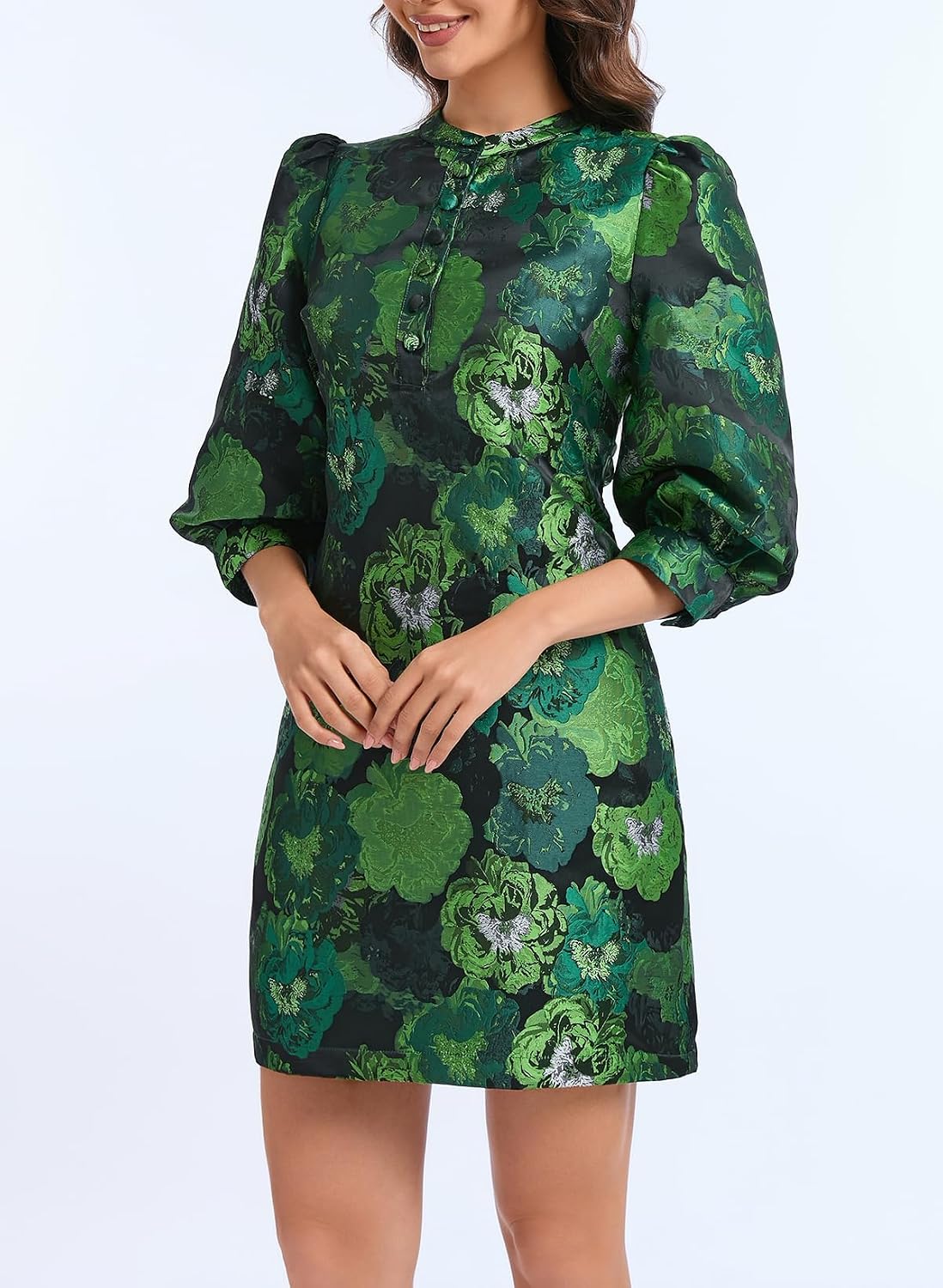 Ladyful Women's Floral Jacquard Shift Dress 2026 Long Puff Sleeve Button Up Elegant Cocktail Party Mini Dress