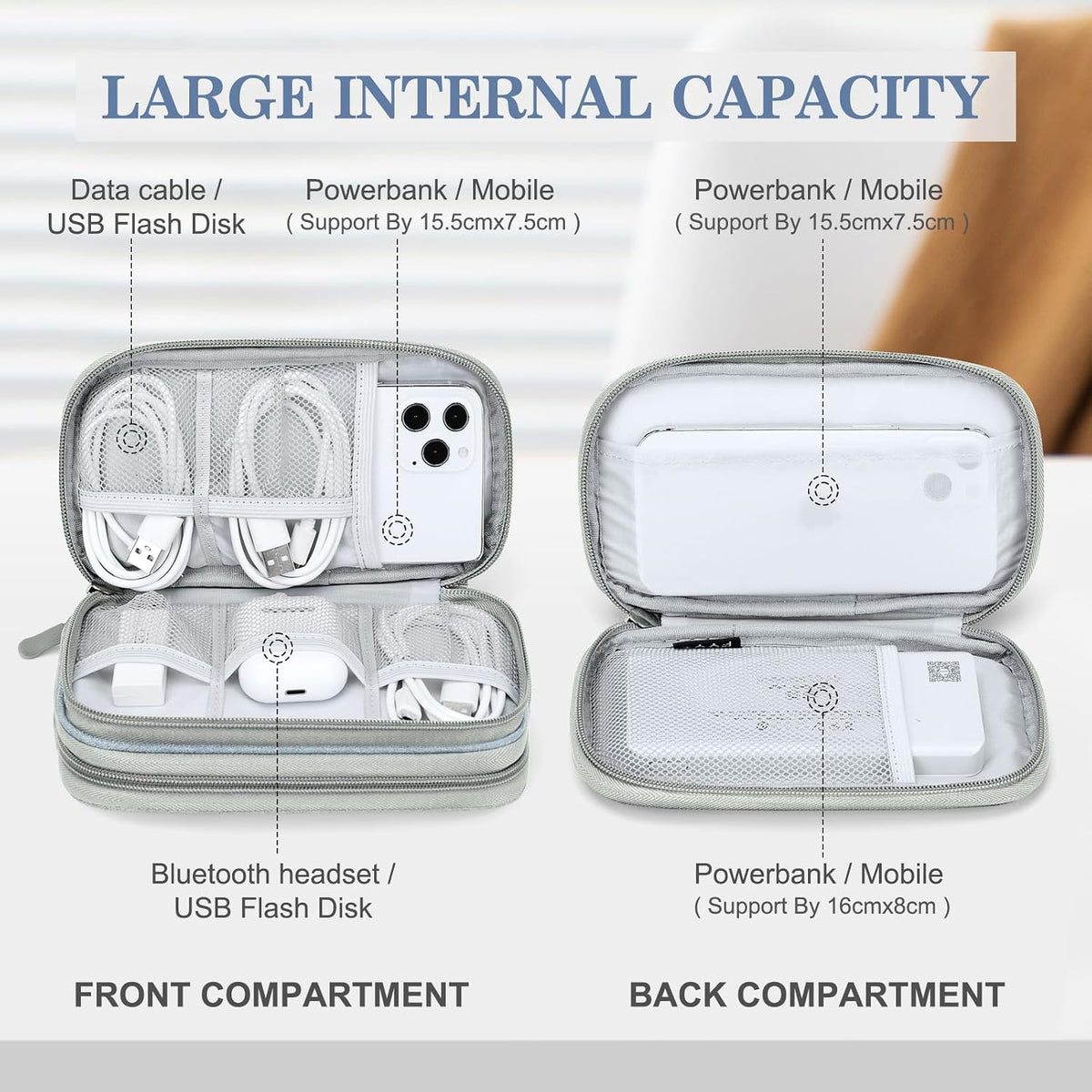 FYY Electronic Organizer, Travel Cable Organizer Bag Pouch Electronic Accessories Carry Case Portable Waterproof Double Layers All-in-One Storage Bag for Cable, Charger, Phone, Earphone Light Grey
