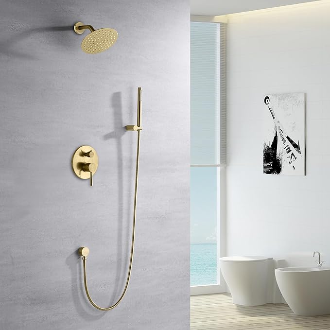 Sumerain Brushed Gold Shower Faucet System with high pressure 8 Inches rain shower head and brass hand shower, Rough-In Valve Body and Trim Included