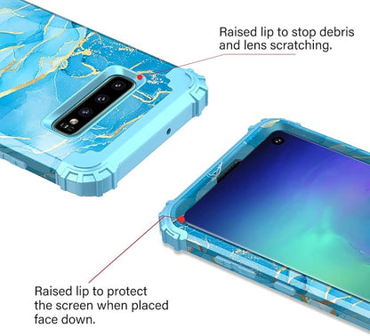 Casetego Compatible with Galaxy S10 Case,Shockproof 3 Layer Heavy Duty Hard PCSoft Silicone Bumper Rugged Anti-Slip Protective Cover Cases for Samsung Galaxy S10,Blue Marble