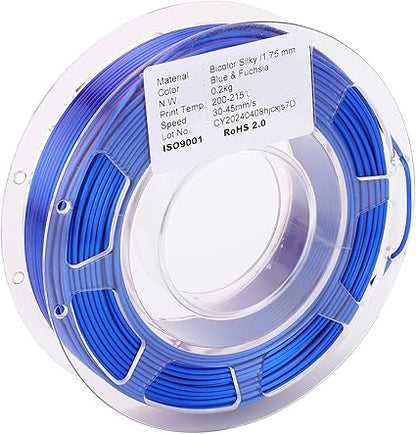 2 Color PLA Filament Glossy Blue and Purplish Red 1.75mm 200g Silk PLA 3D Printer 200-215C Printing Temperature PLA Material Smooth and Accurate Prints