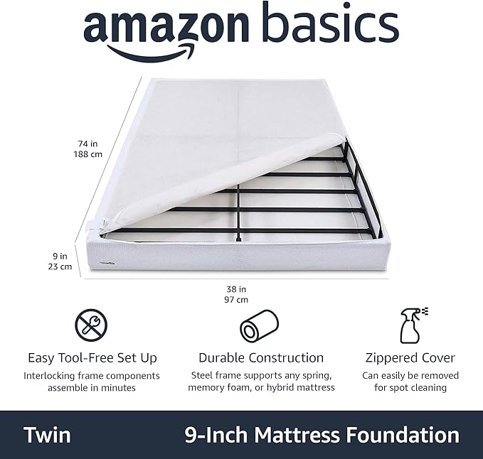Basics Smart Box Spring Bed Base, 9-Inch Height Mattress Foundation, Tool-Free Easy Assembly, Twin, 74"L x 38"W x 9"H, White