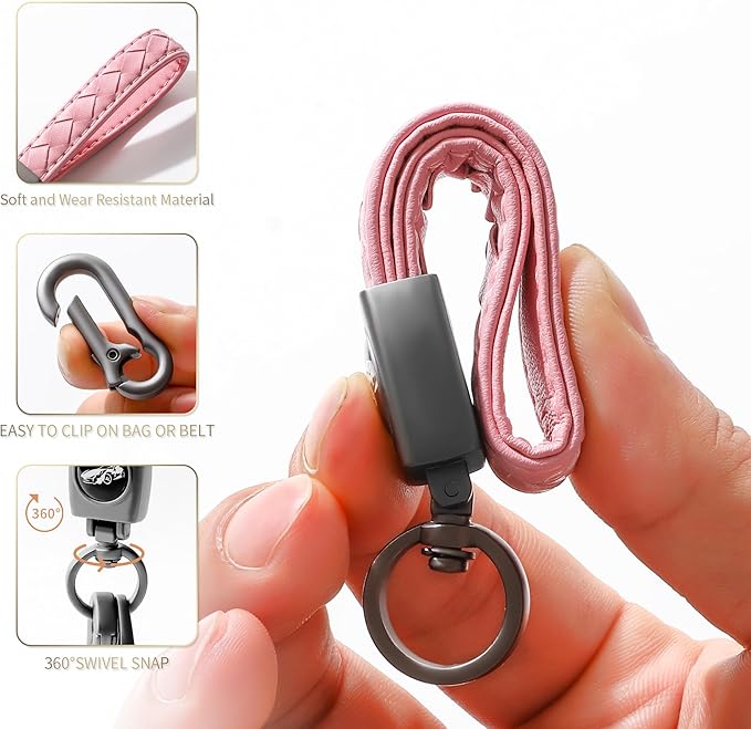Carabiner Keychain, Universal Heavy Duty Woven Handmade Leather Key Chain, Car Fob Key Keychains with 360 Degree Rotatable Snap Swivel and Anti-Lost D-Ring for Men and Women, Gunmetal - Pink