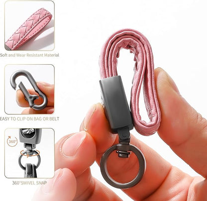 Carabiner Keychain, Universal Heavy Duty Woven Handmade Leather Key Chain, Car Fob Key Keychains with 360 Degree Rotatable Snap Swivel and Anti-Lost D-Ring for Men and Women, Gunmetal - Pink