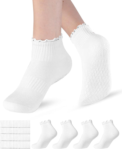 Women’s Non Slip Pilates Socks with Ruffle Pleated & Straight Ribbed Double Cuff, Grip Socks for Yoga, Barre, Dance. ( 3 Pairs )