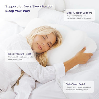 Mellow CloudAlign Memory Foam Pillow for Neck & Shoulder Support, Dual Height Ergonomic Cervical Pillow for Side Back & Stomach Sleepers, Contoured Orthopedic Bed Pillow with Washable Cover, High