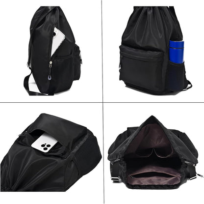 Drawstring Backpack for Women, Waterproof Drawstring Gym Bag for Men, Cinch Sack for Basketball, Pull String Sport Bag for Soccer. (Grey)