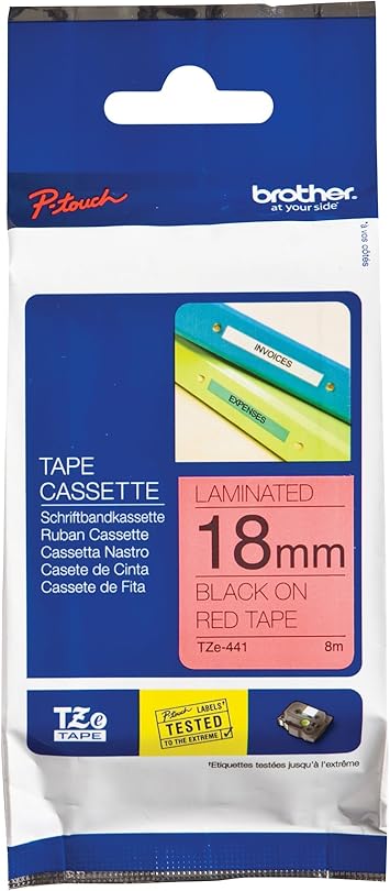 Brother TZe-441 Labelling Tape Cassette, Black on Red, 18 mm (W) x 8 m (L), Laminated, Brother Genuine Supplies