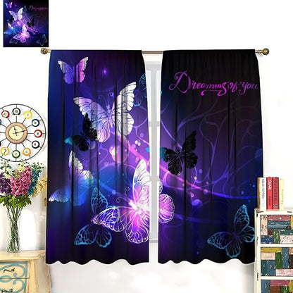 Butterfly Window Curtain, Purple Fantasy Dream Butterfly Curtains for Girls Kids Bedroom Bedroom Nursery Room Living Room 52" W X 84" L