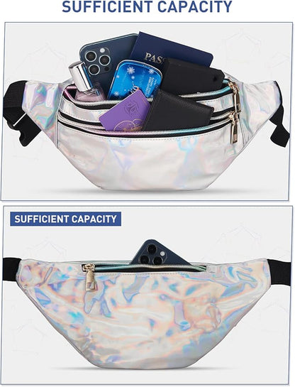LIVACASA Holographic Fanny Packs for Women Cute Waist Packs Shiny Waist Bum Bag Waterproof for Travel Party Festival Running Hiking All Silver 50+ bought in past month