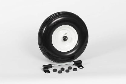 Flat Free Universal Wheelbarrow Replacement Tire | Complete Wheel Assembly | White Rim and Ribbed Tread | 13" Wheel | Adapter Kit Included