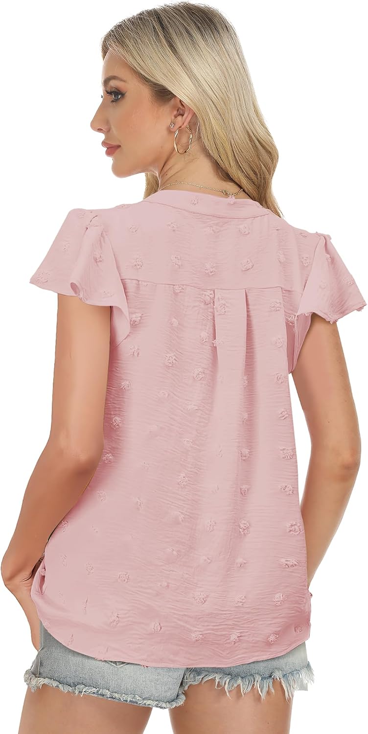 Womens Blouse V Neck Ruffle Short Sleeve Flowy Shirts Dressy Casual Cute Summer Tops Tunic Fashion Clothes