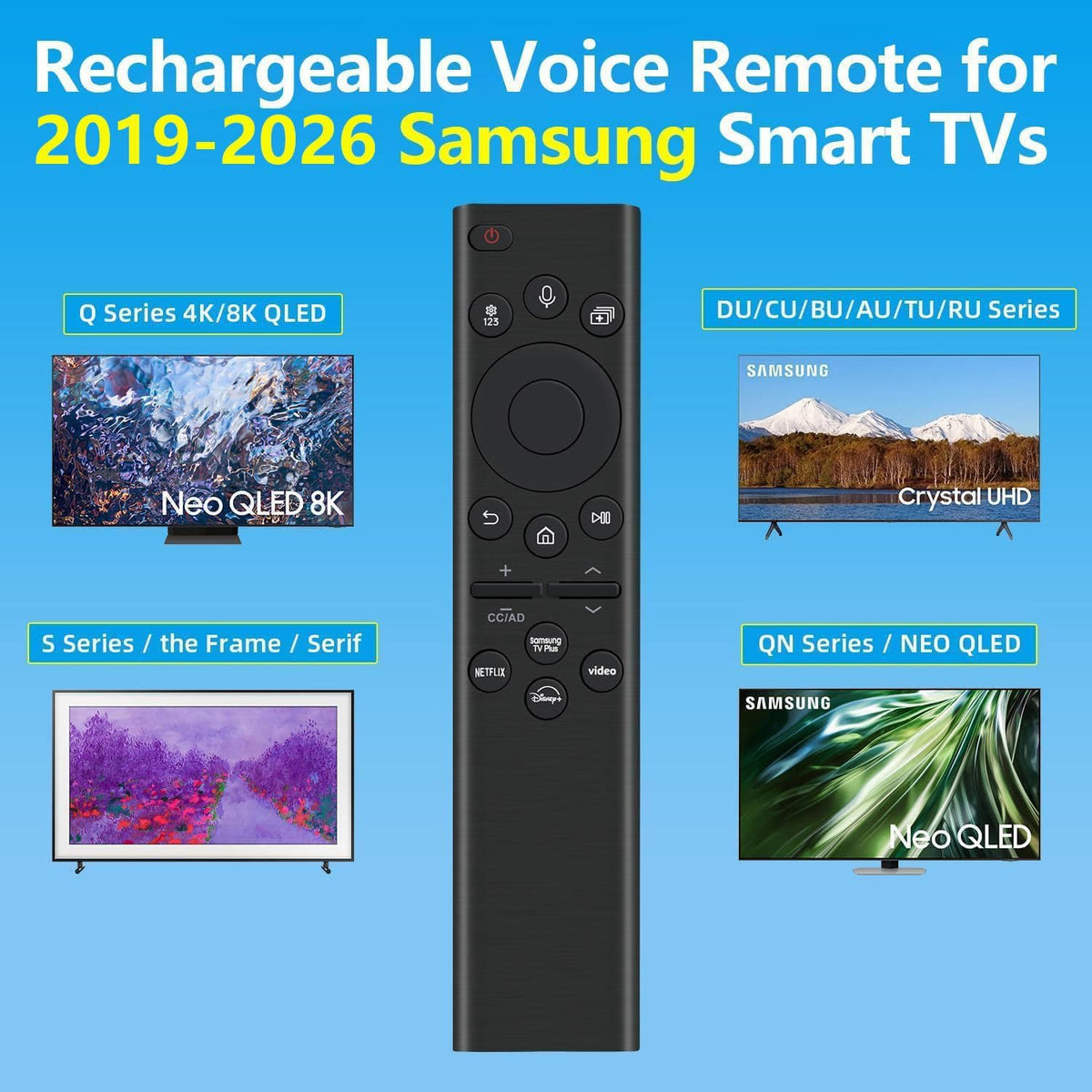 Rechargeable TV Remote for Samsung Smart TVs, Replacement for All 2019-2025 Samsung TV Remote Control with Voice Control. USB-C Fast Charging. Solar Charging