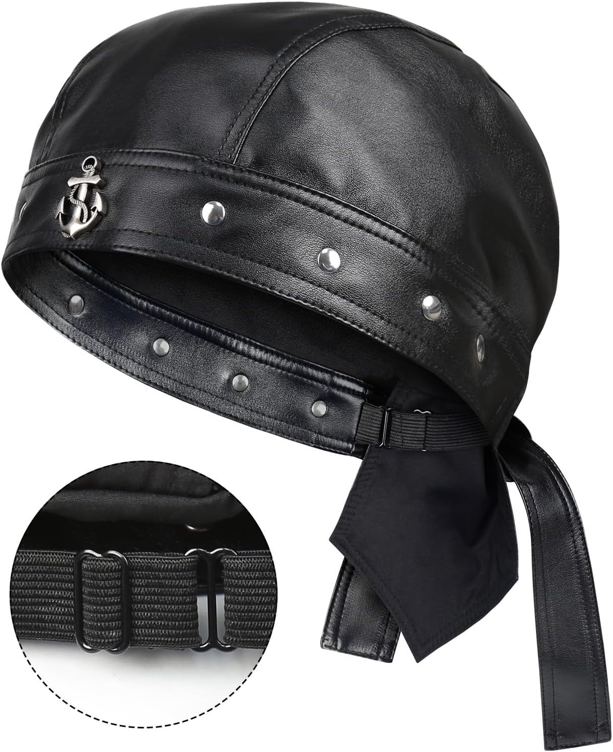 Leather Skull Cap - Adjustable Black Biker Skull Cap, Motorcycle Leather Hat Doo Rag Bandana