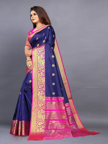 Ethnic Motifs Zari Jute Silk Banarasi Saree - 214351, Navy Blue, One Size, Navy Blue, One Size