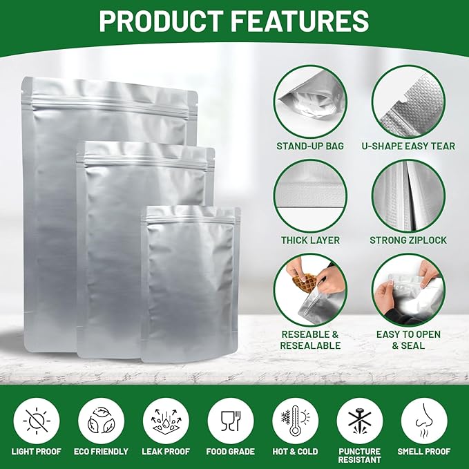 PoshMax Resealable Mylar Bags - Extra Thick Mylar Bags for Food Storage in 3 Sizes, Gallon, Quart and Small  Food Safe Mylar Ziplock Bag with Oxygen Absorbers for Food Storage 500cc  100 Pack