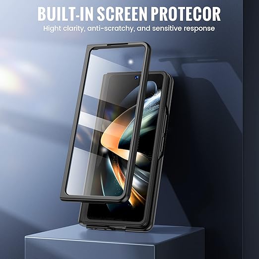 VEGO for Z Fold 4 Screen Protector, Built-in Screen Protector Compatible Samsung Galaxy Z Fold 4 Kickstand & S Pen Holder Case - Black