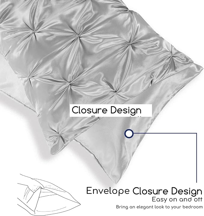 MR&HM Satin Comforter Queen 7 Pieces - Luxurious Pinch Pleat Bedding Set with Comforter, Flat Sheet, Fitted Sheet, Pillowcases & Shams, Super Silky Soft Bed Set for All Season (Queen, Silver Grey)