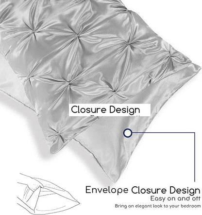 MR&HM Satin Comforter Queen 7 Pieces - Luxurious Pinch Pleat Bedding Set with Comforter, Flat Sheet, Fitted Sheet, Pillowcases & Shams, Super Silky Soft Bed Set for All Season (Queen, Silver Grey)