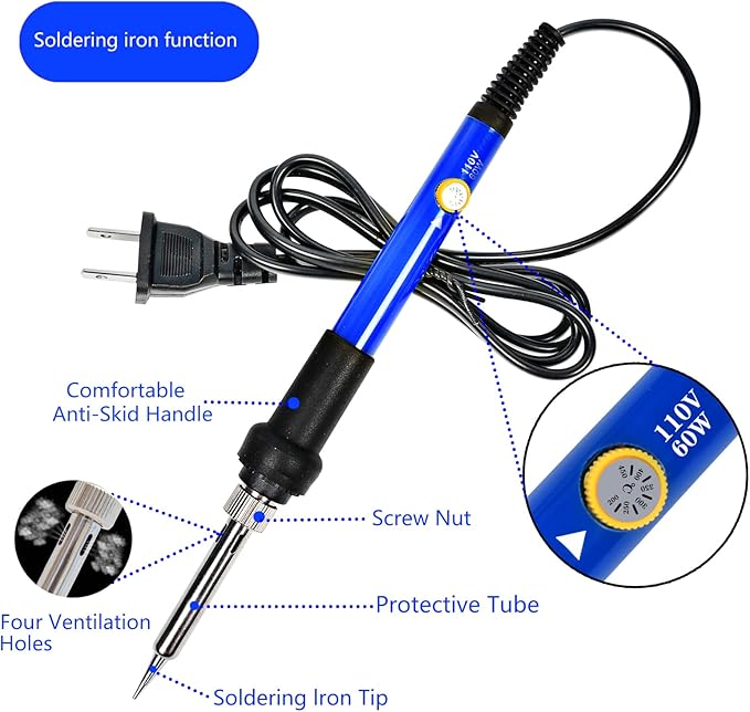 Soldering Iron Kit, 60W Adjustable Temperature, Digital Multimeter, 5pcs Soldering Tips, Wire, Stand, Desoldering Pump, Solder Wick, Tweezers, Welding Tool