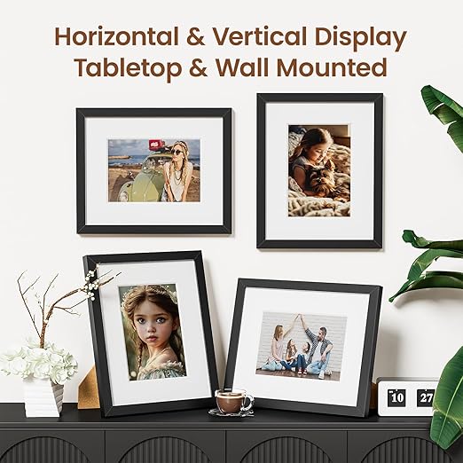 8x10 Picture Frames with Mat to Display 5x7 Picture Set of 5,Plastic Black Photo Frame for Poster,Diploma,Certificate and Document with Tabletop and Wall Decor