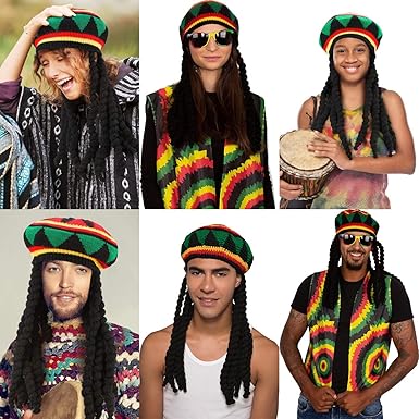 Unisex Rasta Wig Braids Hat Knitted Jamaican Rasta Beanie Cap with Dreadlocks Halloween Costume for Men Women