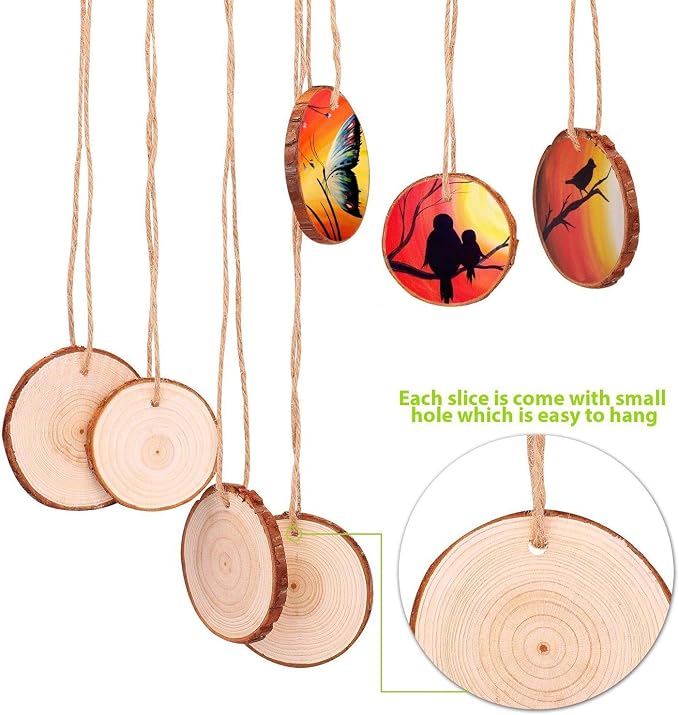 Fuyit Unfinished Wood Slices with Hole, Drilled Wooden Circle for Crafts 30pcs 2.4-2.8 inch Slices, Natural Original Barks, Christmas Ornaments, Hanging Home Decor, DIY Painting & Lettering Projects