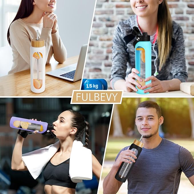 32 oz Glass Water Bottles - 1 Liter Motivational Tumbler Water Bottle Time Marker - Borosilicate Glass Water Bottle With Silicone Sleeve and 2 Lids, Handle Spout  Bamboo Straw Lid
