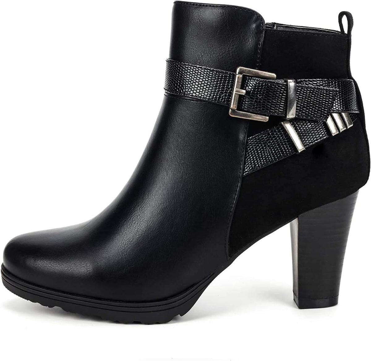 mysoft Women's Zipper Booties Chunky Stacked Heel Ankle Boots Buckle Strap Ankle .
