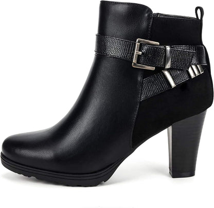 mysoft Women's Zipper Booties Chunky Stacked Heel Ankle Boots Buckle Strap Ankle .