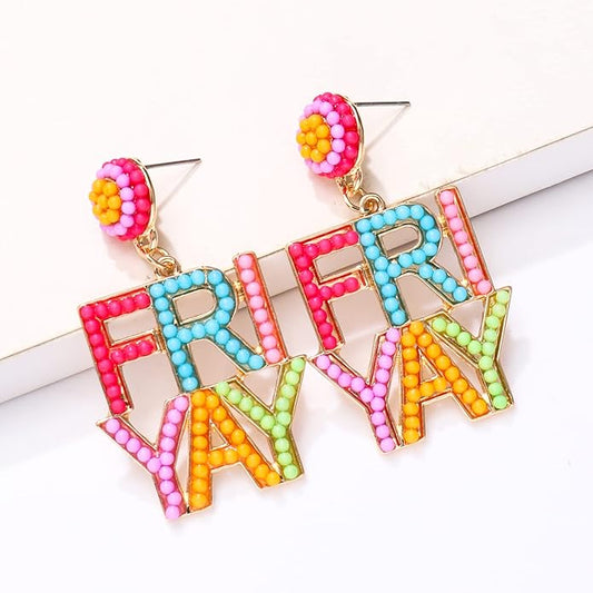 PHALIN Teacher Earrings for Women Beaded Teacher Drop Earrings Delicate Rhinestone Letter FRI-YAY Books Dangle Earrings Colorful Teacher Appreciation Gift