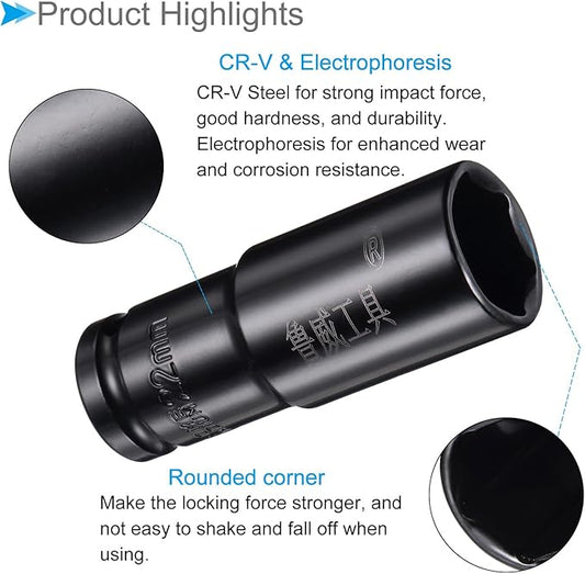 Deep Impact Socket, 12" Drive 22mm Socket, CR-V Steel Rounded Corner Design 6-Point Deep Impact Socket - (Applications: for Screw Installation and Removal)