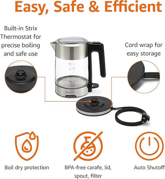 Basics Electric Kettle with Glass Carafe for Tea and Coffee, BPA-Free, Fast Boiling, Auto Shut-Off, 1.8 Quarts, 1500W, Black and Silver