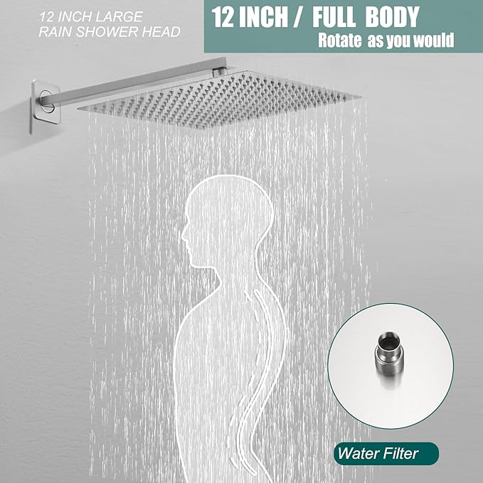Hoimpro 12 Inch Square Rain Shower Head, Large Waterfall Rainfall Showerhead, High Pressure Stainless Steel Rainhead, 1/16'' Ultra-Thin Water Saving Design with Silicone Nozzle, Brushed Nickel