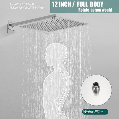 Hoimpro 12 Inch Square Rain Shower Head, Large Waterfall Rainfall Showerhead, High Pressure Stainless Steel Rainhead, 1/16'' Ultra-Thin Water Saving Design with Silicone Nozzle, Brushed Nickel