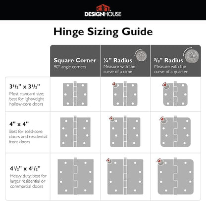 Design House Interior Door Hinges, 3.5 in. x 3.5 in., Rounded, 5/8-in. Radius, Steel, Pre-Lubricated, Door Hardware, Antique Brass, 6-Pack, 189746