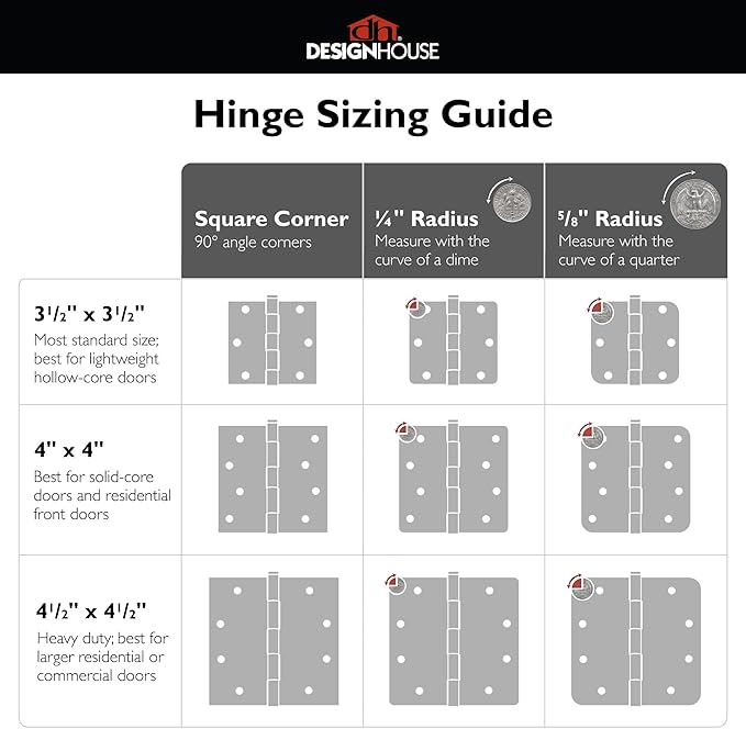 Door Hinges for Interior Doors 9-Pack 3.5-inch x 3.5-inch – Rounded 5/8-inch Radius Steel Door Hinge – Satin Brass – Fits Standard Doors – Design House 191130
