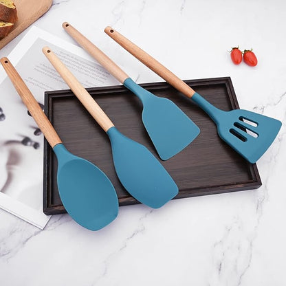 1pc Blue Silicone Solid Turner with Wooden Handle, Heat Resistant Kitchen Spatulas, Ideal Cookware for Frying, Baking, Flipping, Turning, Fish, Eggs, Meat.