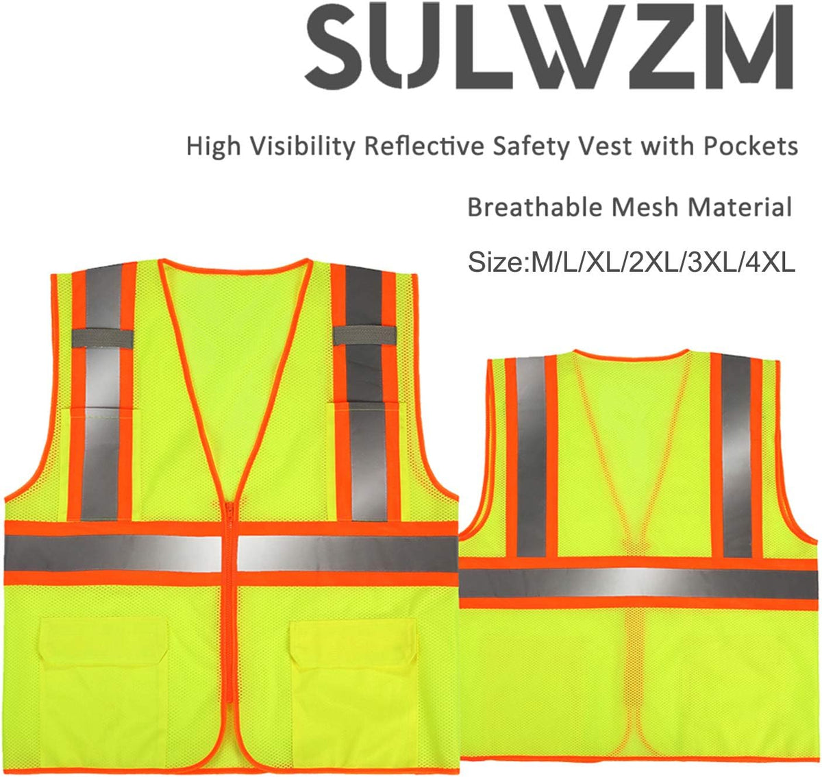 High Visibility Reflective Safety Vest with Zipper and Pockets Yellow,XXL