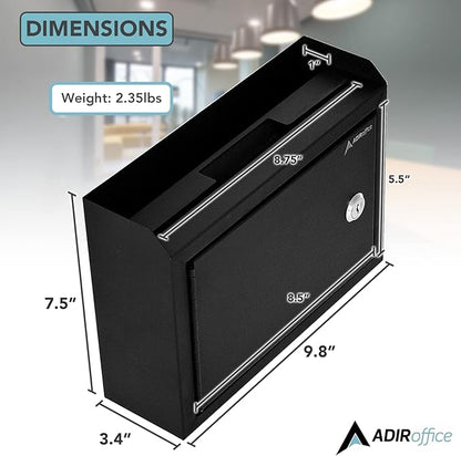 AdirCorp. Suggestion Box with Lock, Safe Wall Mounted Mail Box, Key Drop, Donation File and Money Organizer, 9.75x7x3 (Black)