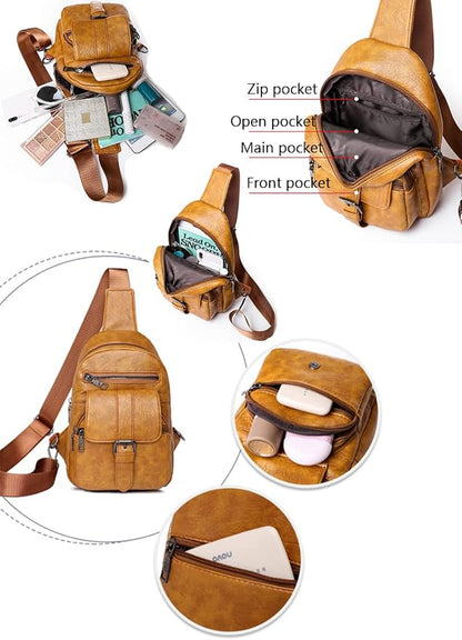 Women Chest Bag Sling Bag Multiple pockets Crossbody Bags Casual Daypacks Purse-Black