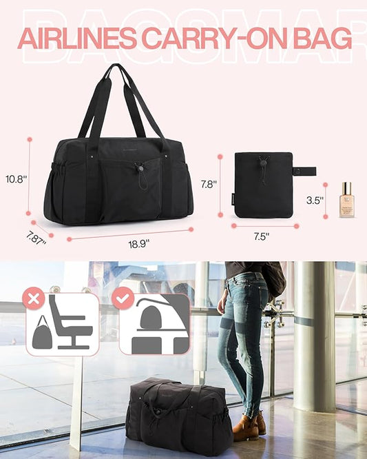 BAGSMART Foldable Travel Duffle Bag For Women, Gym Tote Bag for Sports, 26L Airport Carry On Weekender Overnight Bag for Travel, Travel Accessories(Black)